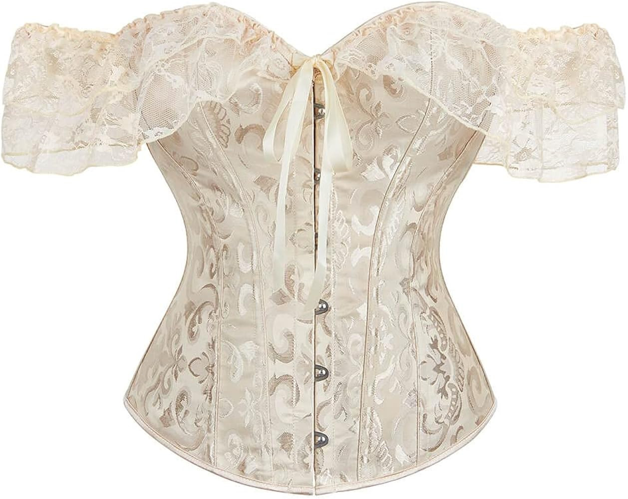 SHYMMUO Women Corset Top with Lace Sleeve Sexy Bustier Lingerie Waist Cincher Costume Tops | Amazon (US)