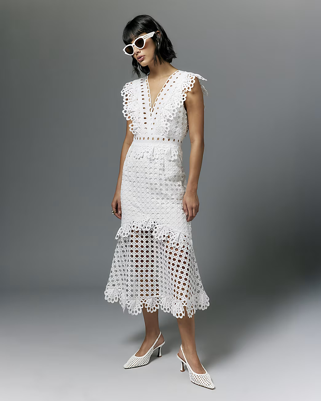 White Broderie Midi Dress | River Island UK & IE