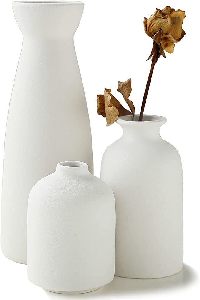 KIOXOHO White Ceramic vase Set-3 Small Flower vases for Decor,Modern Rustic Farmhouse Home Decor,... | Amazon (US)