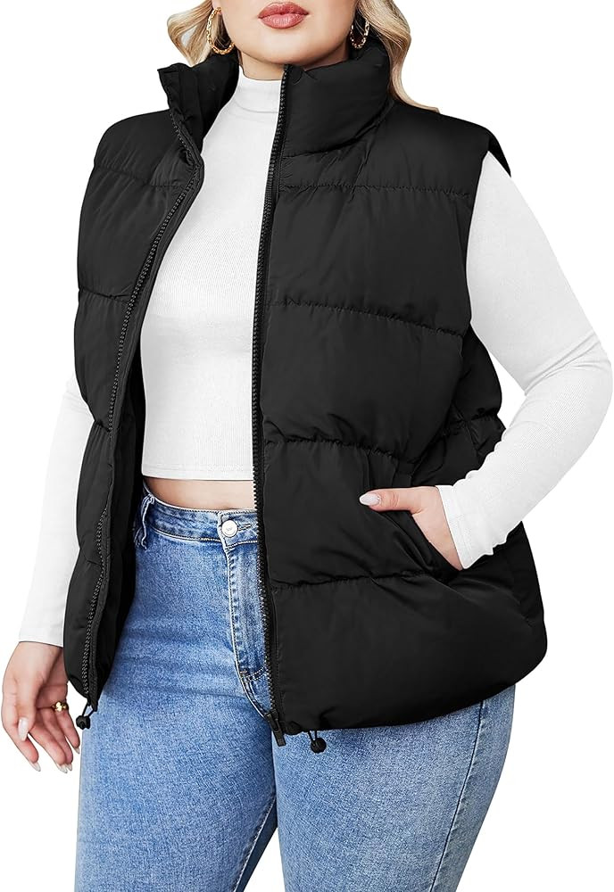 IN'VOLAND Women's Plus Size Zip Up Puffer Vest Stand Collar Outerwear Sleeveless Padded Jacket Co... | Amazon (US)