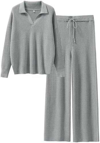 ANRABESS Women Two Piece Outfits Sweater Sets Lounge Waffle Knit Pullover Matching Wide Leg Pants... | Amazon (US)