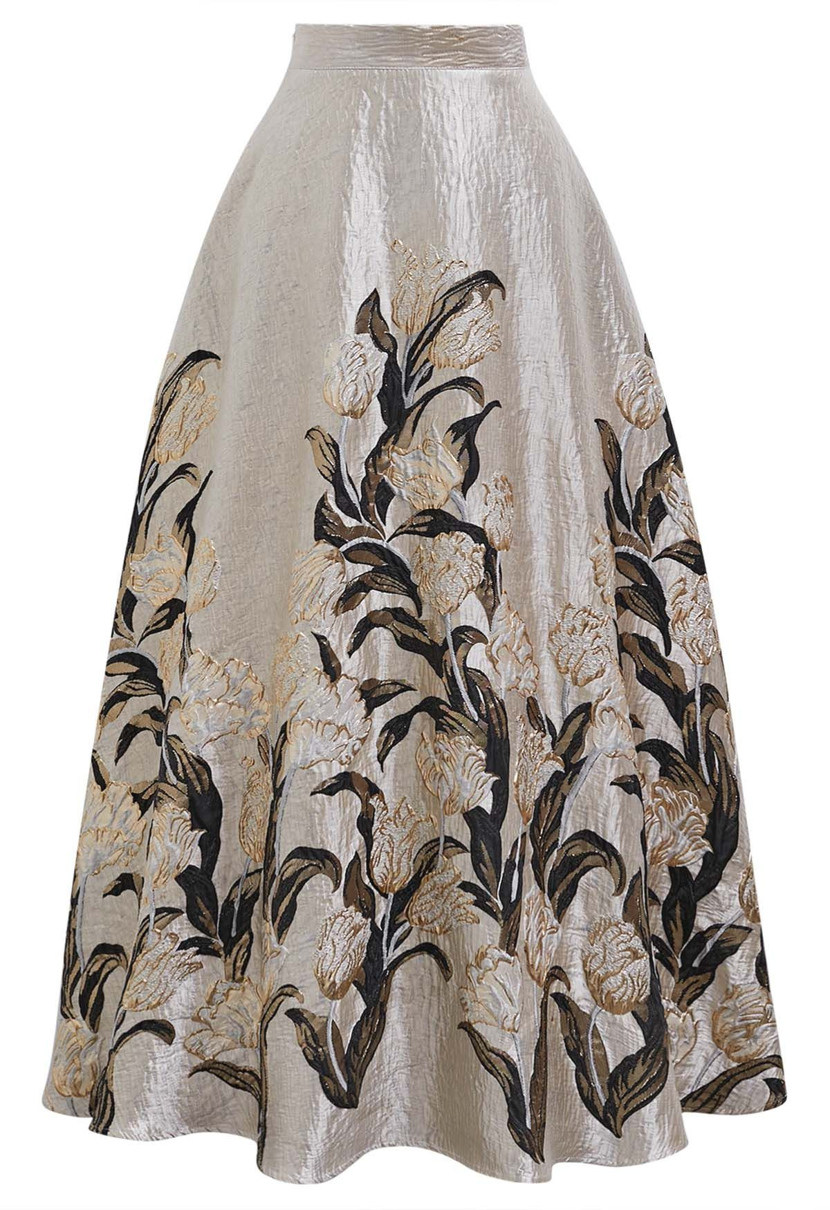 Metallic Tulip Jacquard Embossed Flare Maxi Skirt in Taupe | Chicwish
