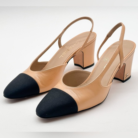 CHANEL Slingback Cap Toe Beige & Black Heels Leather Pumps EU 37.5 US 6.5-7 | Poshmark