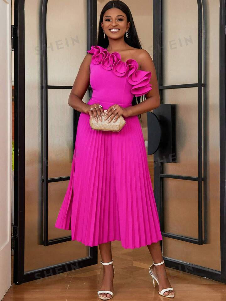 One Shoulder Frill Hem Pleated Dress | SHEIN