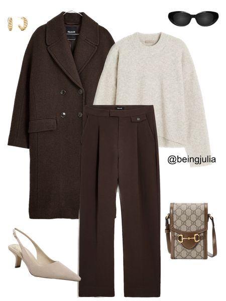 Monochromatic fall outfit - details below:
-Madewell oversized double breasted coat in dark brown 
-Madewell high waisted tapered tailored straight trousers in dark brown 
-H&M crewneck sweater in light beige melange 
-Gucci crossbody mini bag
-Beige suede slingback pumps from Sam Edelman 
-Mejuri gold croissant dome hoop earrings
-Celine Triomphe 52mm sunglasses in black acetate 


#LTKstyletip #LTKSale #LTKSeasonal
