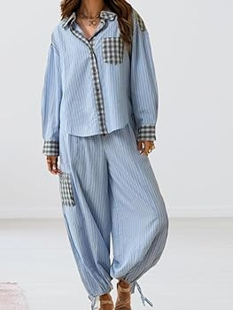 MAYZIA Womens Pajamas Sets Plaid Spliced Button Down Shirts & Pants Two Piece Loungewear Pj Set Long Sleeve Christmas | Amazon (US)