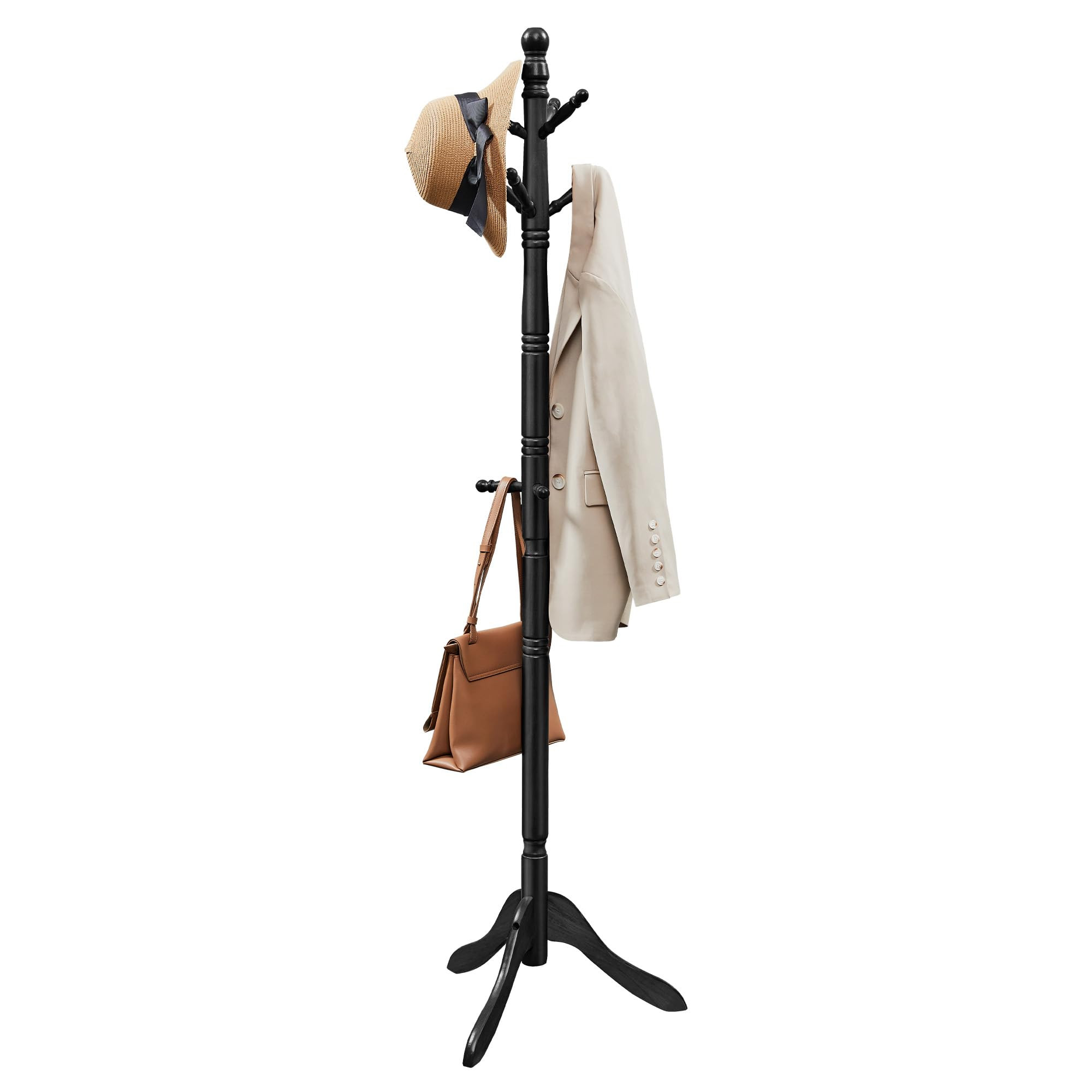 VASAGLE Solid Wood Coat Rack and Stand, Free Standing Hall Coat Tree with 10 Hooks for Hats, Bags, Purses, for Entryway, Hallway, Rubberwood, Ink Black URCR003B01 | Amazon (US)