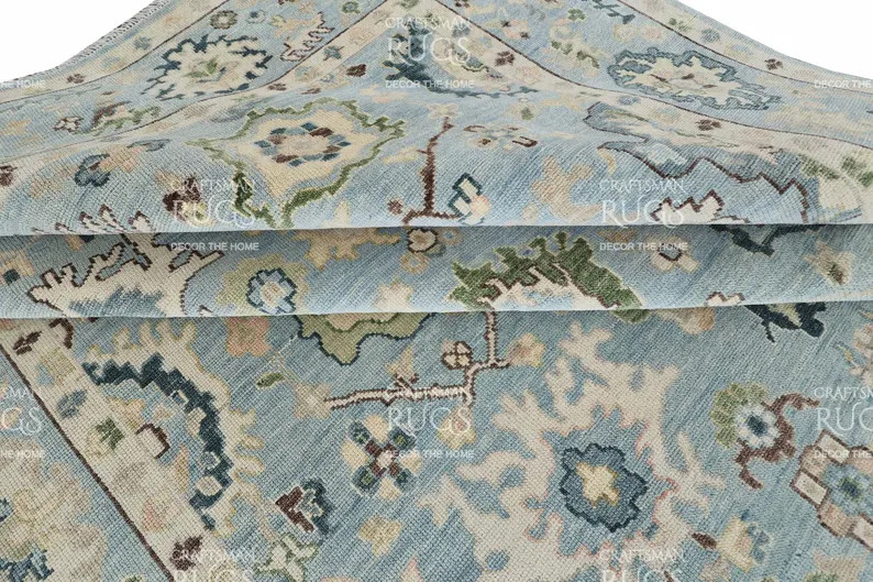 Sky Blue Hand-knotted Oushak Rug – Traditional Turkish Design With Green & Cream Accents | Vint... | Etsy (Global)