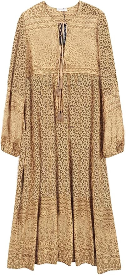 R.Vivimos Women's Long Sleeve Floral Print Retro V Neck Tassel Bohemian Midi Dresses | Amazon (US)