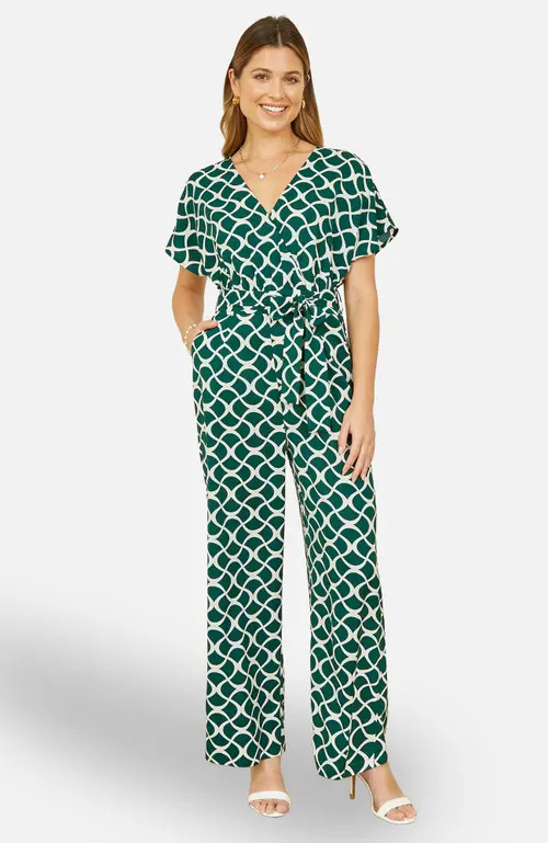 Yumi Geometric Print Wrap Jumpsuit in Green at Nordstrom, Size 6 | Nordstrom