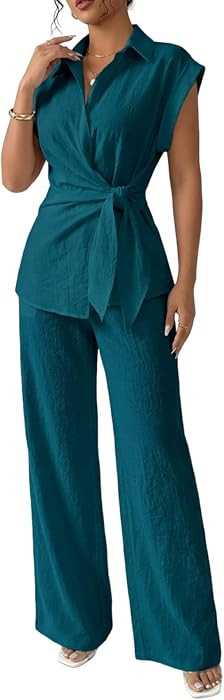 Womens Dressy Two Piece Sets Cap Sleeve Tie Waist Shirt Wide Leg Pants | Amazon (US)