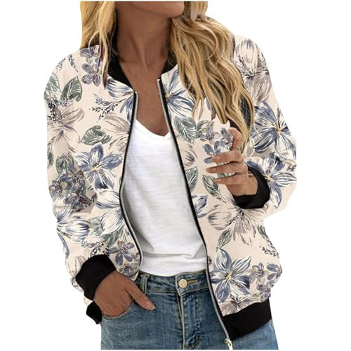 HipGlamp Women's Watercolor Floral Bomber Jacket Light Beige Blue Green Blooms Relaxed Fit Vintage Ribbed Cuffs Spring Soft Style Coat | Amazon (US)