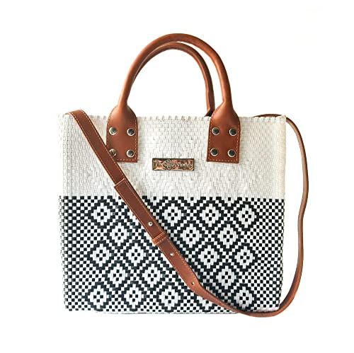 Tin Marin White Large Crossbody Bag - Tan Leather Handles & Shoulder Strap, Handwoven Plastic Tot... | Amazon (US)