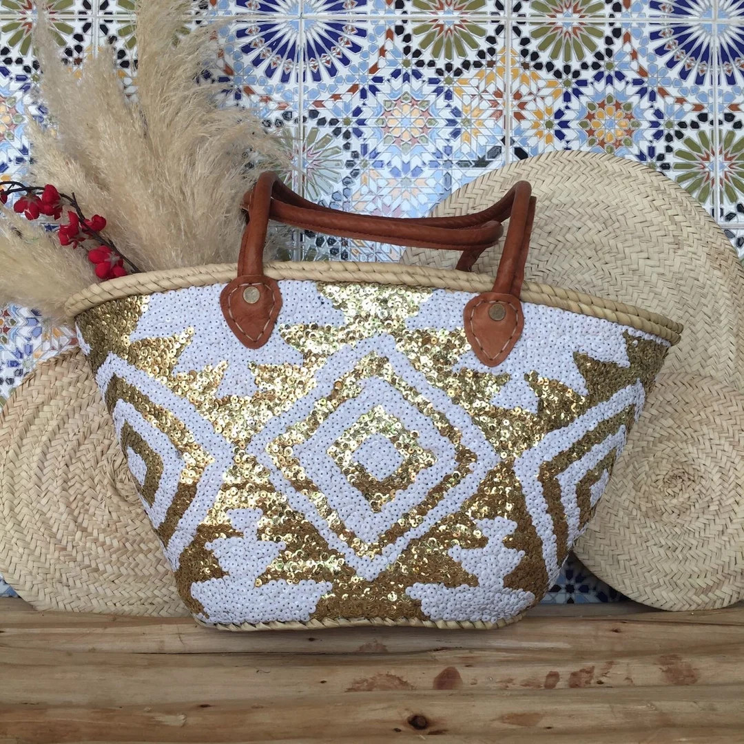 Handwoven straw bag sewn sequins Leather Handles and Linen | Moroccan Basket Bag | Beach Bag | Fr... | Etsy (US)