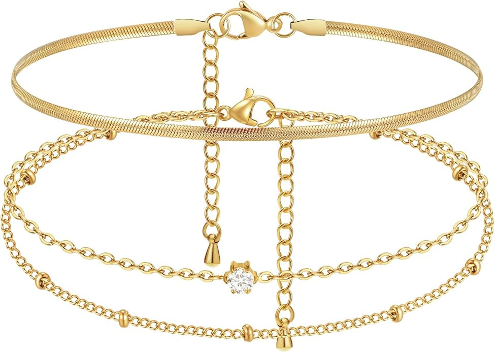 Waterproof Gold Anklets for Women - 14k Gold Plated Ankle Bracelets,Summer Beach Surfer Foot Chai... | Amazon (US)