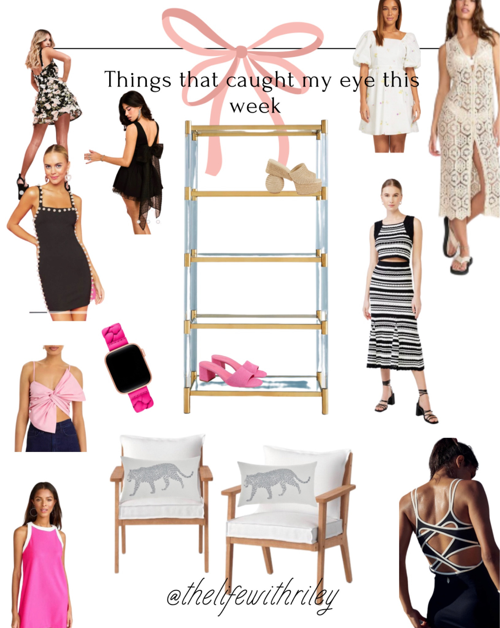 Things that caught my eye this week 

📚 mirrored gold bookshelf 
👡 cult gai sale sandals
💕 pink block heel sandals 
🪑 patio furniture set
🐆 leopard outdoor pillows 
🎾black & white tennis dress 
🤵🏻‍♀️bow vest set 
🌸 3d floral dress 
🎀 pink bow top 
🔲 black and white crochet set 
⛵️ crochet coverup dress 
⌚️pink braided Apple Watch band 
💐 white puff sleeve floral dress 
👚 pink color block dress

Home decor, summer outfits, vacation outfit, patio, patio furniture, patio set, outdoor pillows, sandals, little black dress, matching set, bow, pink dress, anthro home 

#LTKFind #LTKsalealert #LTKstyletip