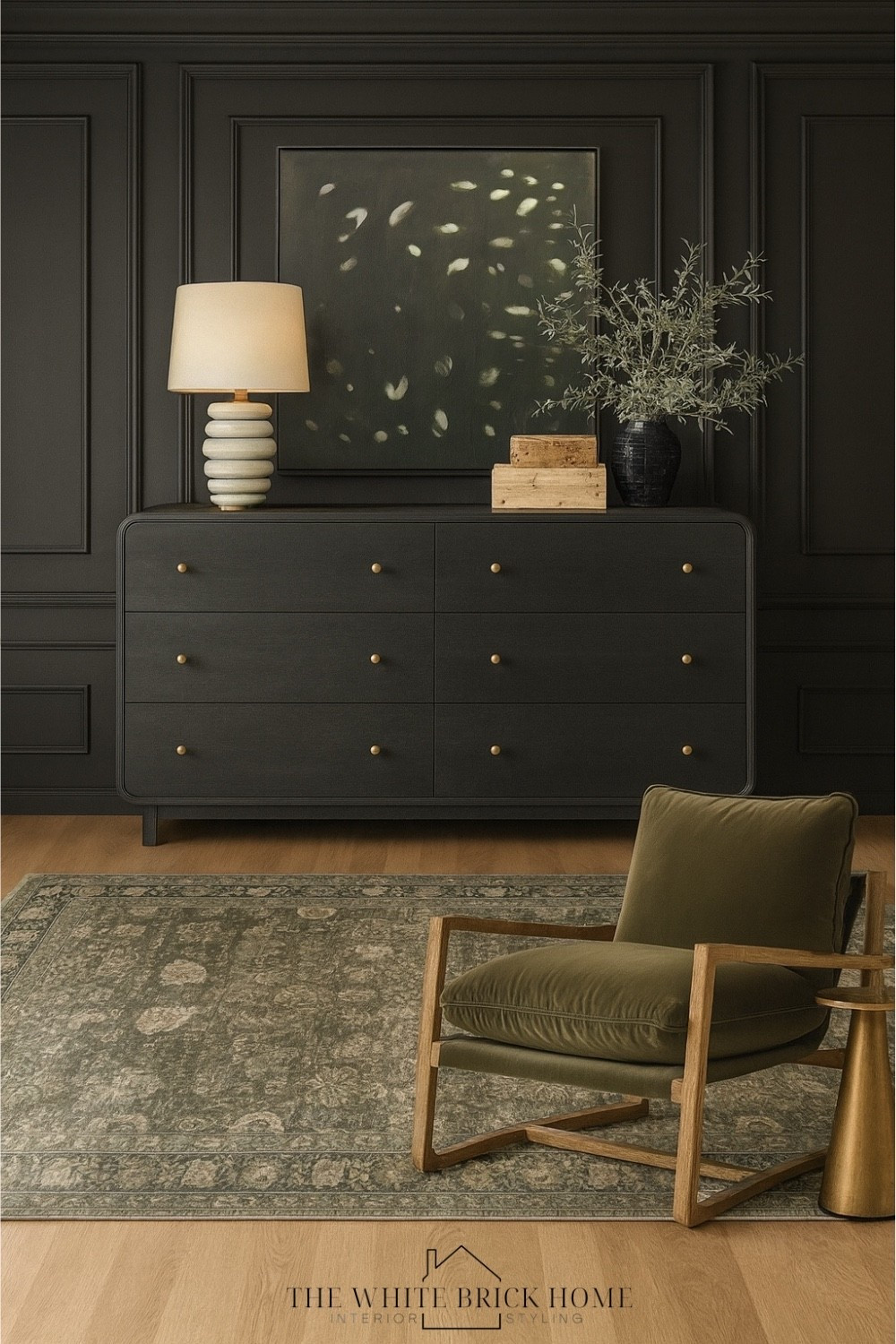 I love mixing black and olive green for a moody moment in a bedroom! And this rug adds in a layer of interest and texture. 

Bed, bedroom, bedroom decor, bedroom ideas, home decor. Home design, bedroom design, dresser, table lamp, faux greenery, accent chair, loloi green rug, moody bedroom, bedroom organization, Burl wood boxes, lamp, marble lamp, side table, Wayfair, McGee and co. 

#LTKHome #LTKSeasonal #LTKSaleAlert