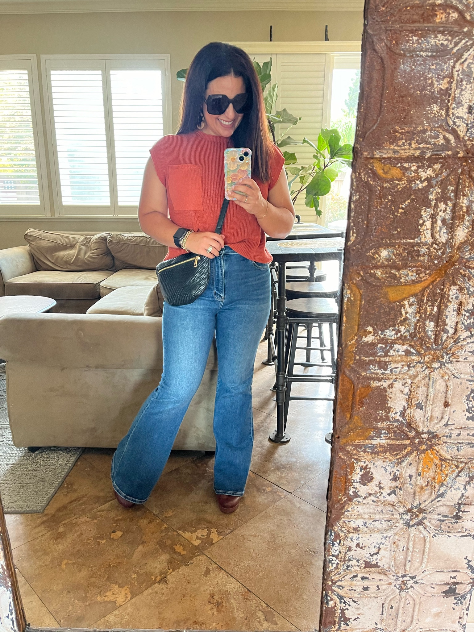 Same sweater top styled another way! My Clare V grand fanny dupe is a keeper and definitely worth $6.99. I’m wearing 27 short in my flare jeans. 

Fall outfit
Mom style
Fall sweater

#LTKItBag #LTKOver40 #LTKSeasonal
