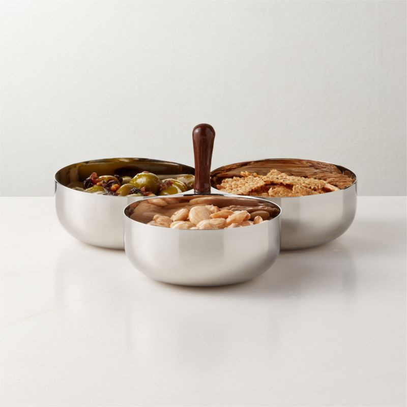 Kalman Polished Stainless Steel and Walnut Wood Serving Bowl Trio + Reviews | CB2 | CB2