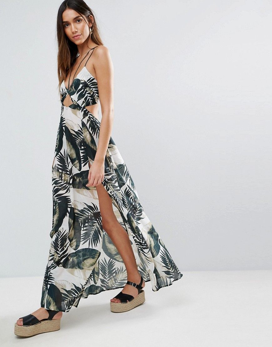 ASOS Beach Maxi Dress With Strap Detail in Mono Palm Print - Multi | ASOS US