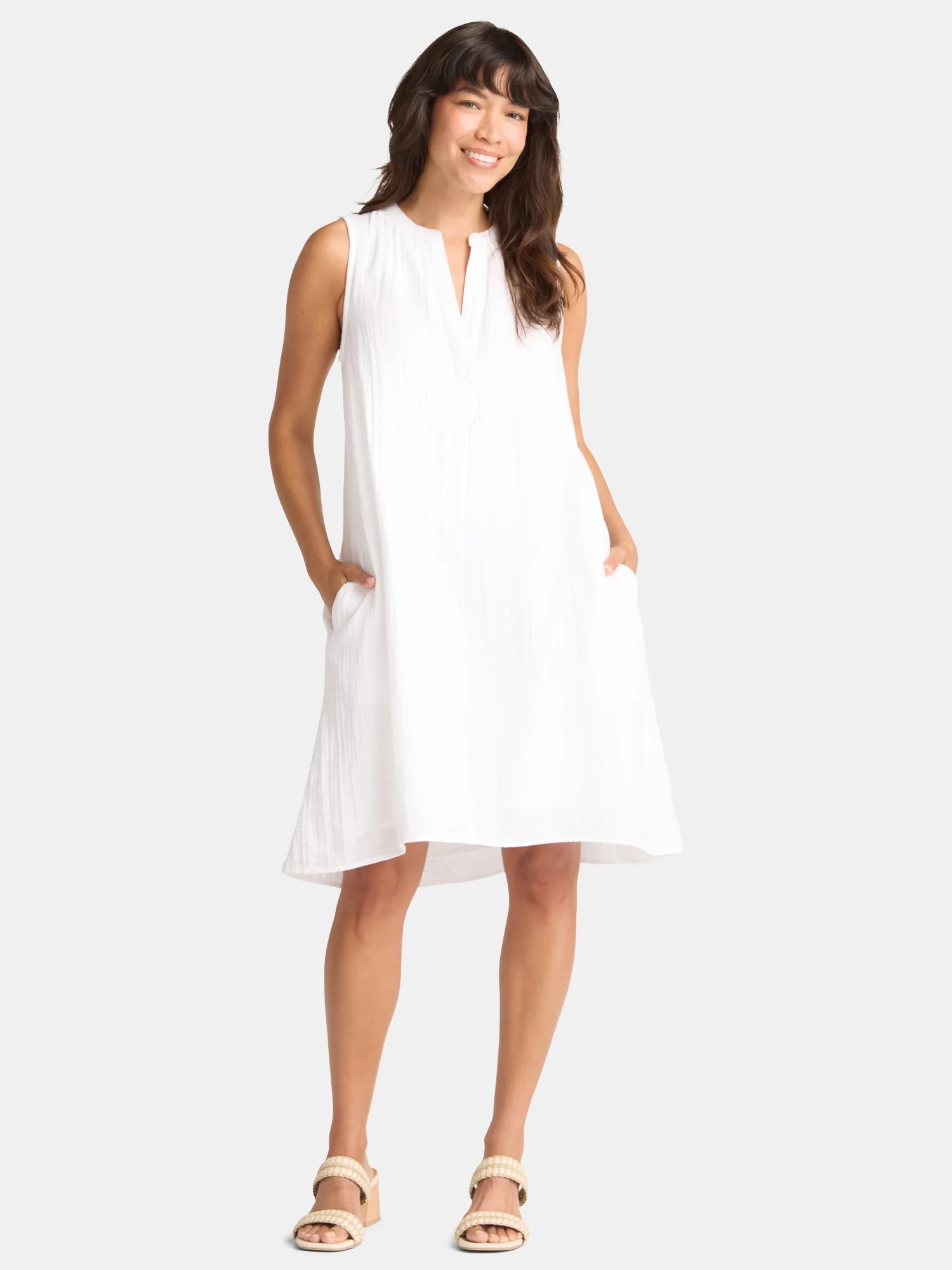 Time and Tru Women's Cotton Double Cloth Shift Dress, Sizes XS-XXXL | Walmart (US)