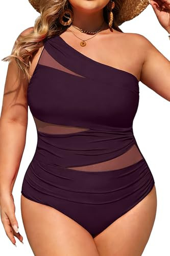 Aqua Eve Plus Size One Piece Swimsuit for Women Tummy Control Bathing Suits One Shoulder Mesh Swimwear Dark Purple 22W | Amazon (US)