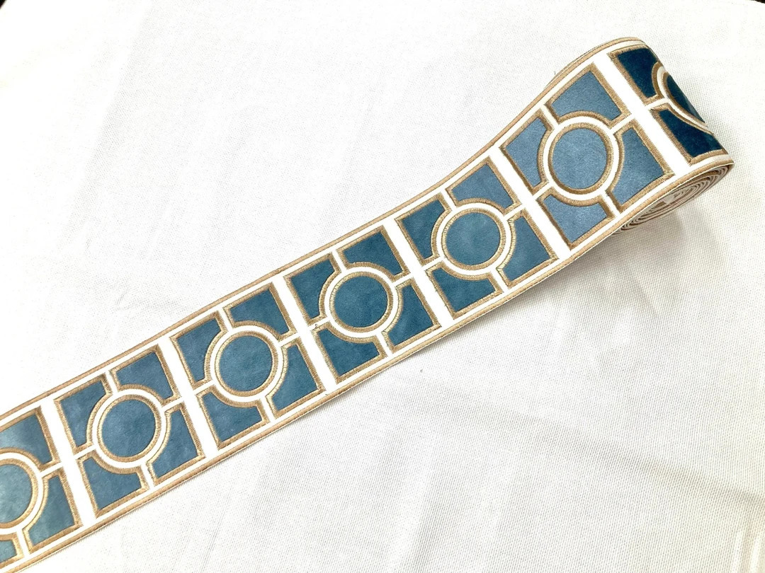 French Blue, Tan & Creamy White 4" Width Woven Suede Embroidery Trim Tape H-17935 Upholstery / Dr... | Etsy (US)
