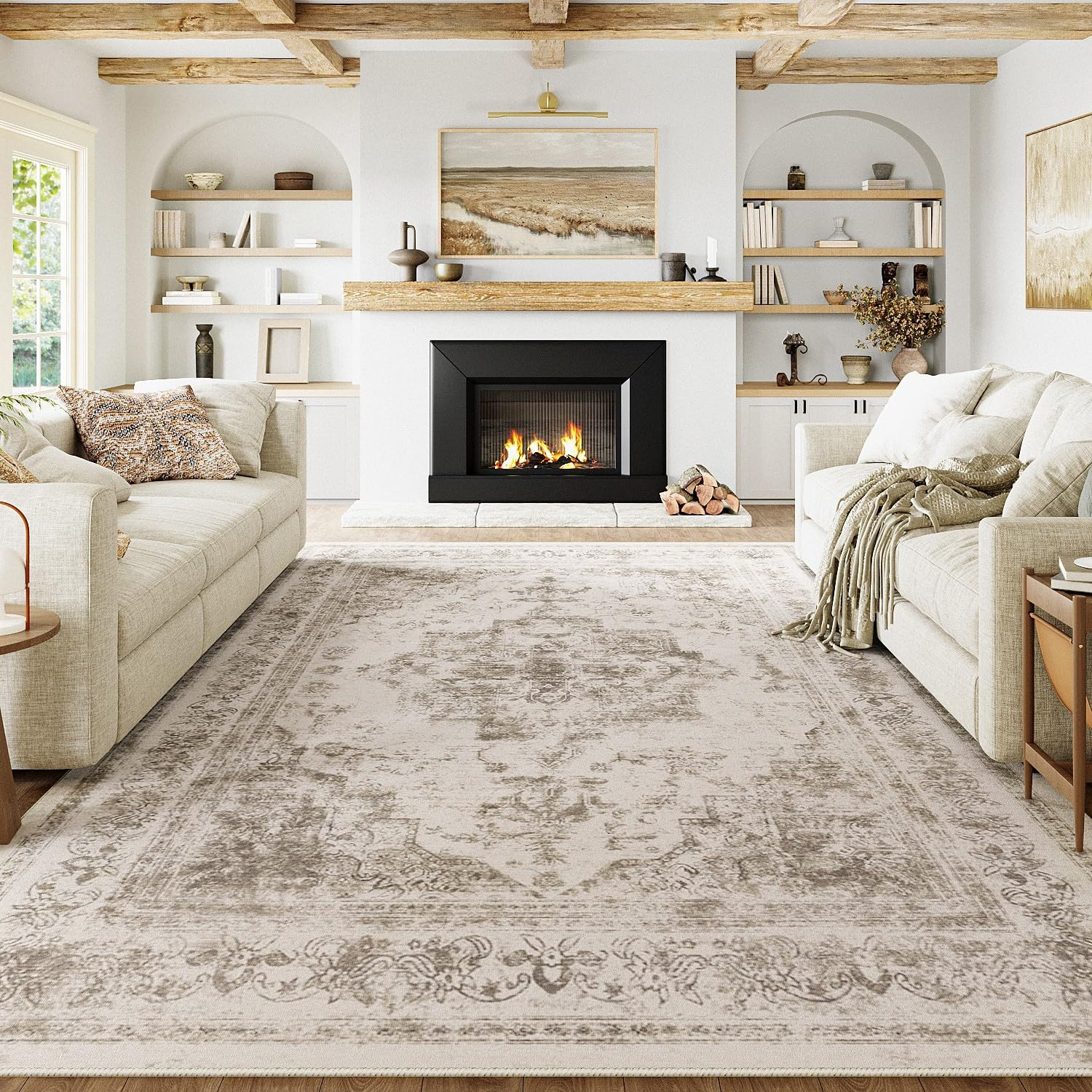 Vintage Area Rug 8x10 Indoor Living Room Taupe Washable Medallion Large Carpet Traditional Retro ... | Amazon (US)