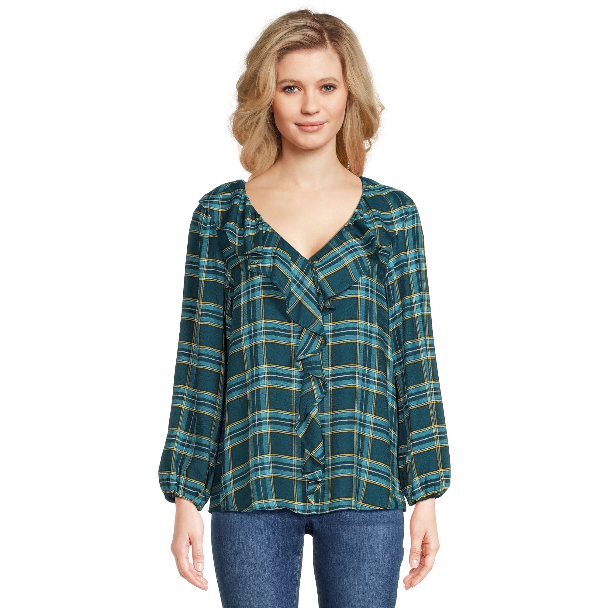 The Pioneer Woman Plaid Ruffle Blouse with Long Sleeves, Women's, Sizes XS-3X | Walmart (US)