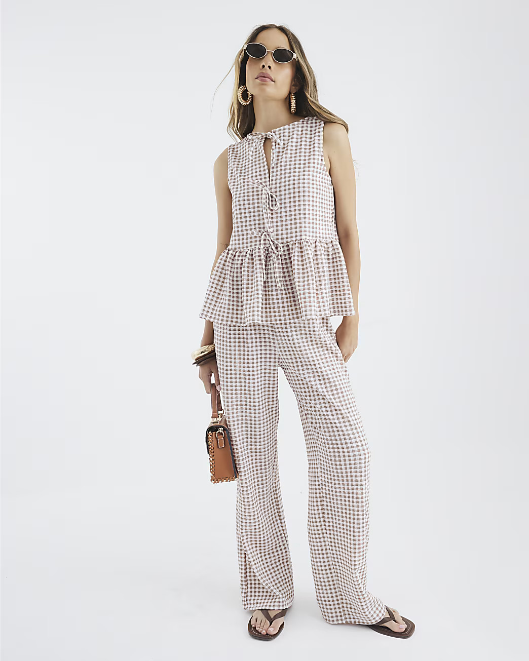 Beige Gingham Wide Leg Trousers | River Island UK & IE