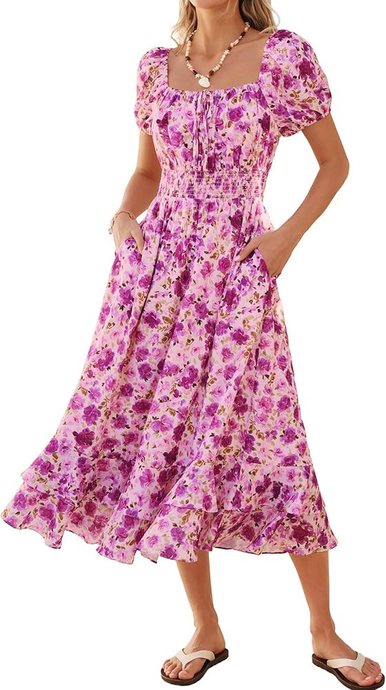 Kate Kasin Womens Summer Boho Floral Maxi Dress 2026 Square Neck Puff Sleeve Smocked Flowy A Line... | Amazon (US)