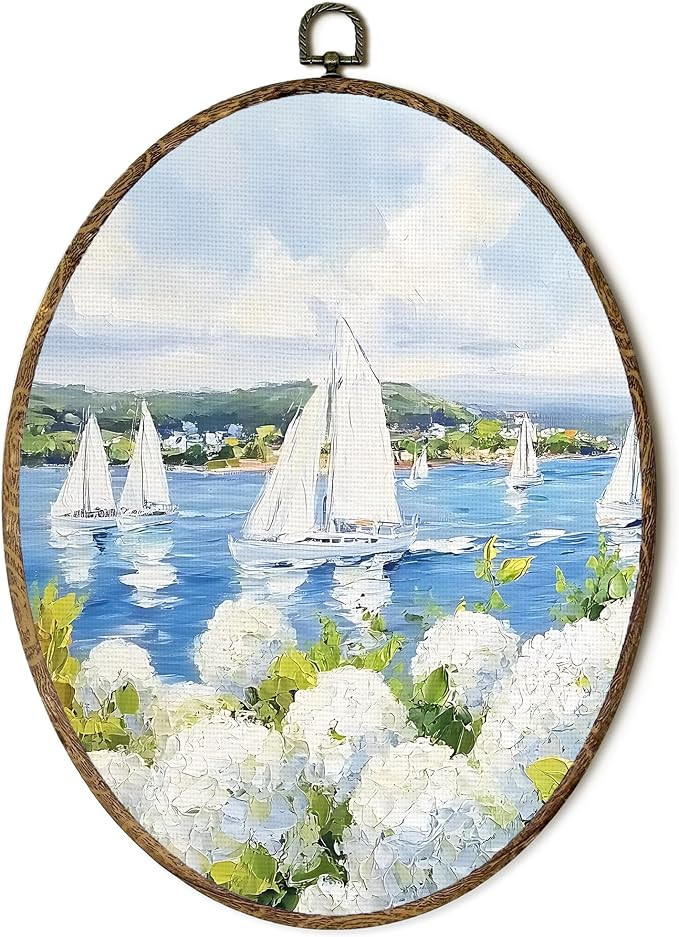 OINDADE Coastal Hydrangea Sailboat Oval Wall Art Decor, Nautical Sailboat Seascape Wall Art Hangi... | Amazon (US)