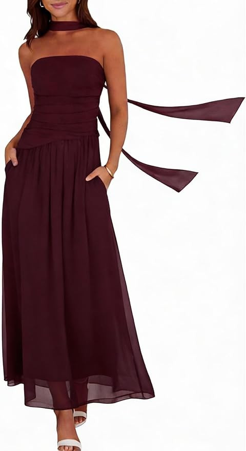 Women's Strapless Ruched Maxi Dress with Scarf, Wedding Guest | Ruched elastic waist,side pockets... | Amazon (US)