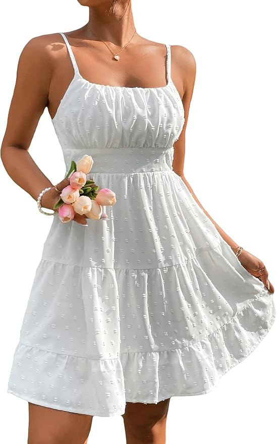 Floerns Women's Swiss Dots Sleeveless Ruched Bust Ruffle Hem Cami Short Dress | Amazon (US)