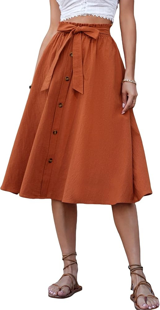 WDIRARA Women's Casual High Waisted A Line Paperbag Button Belted Flowy Midi Skirt | Amazon (US)
