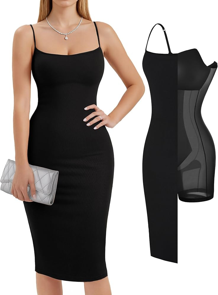 Popilush Womens Summer Shapewear Dress - Bodycon Cocktail Graduation Party Midi Dresses with Buil... | Amazon (US)