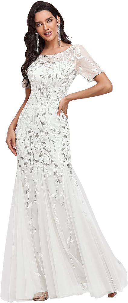Ever-Pretty Women's Elegant Illusion Short Sleeve Sequin Embroidery Mermaid Evening Dress 07707-U... | Amazon (US)