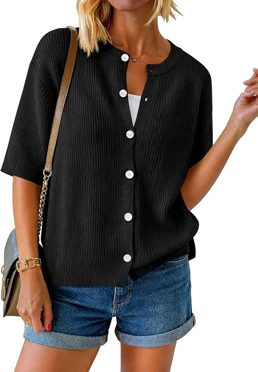 Fisoew Womens Short Sleeve Cropped Cardigan Sweaters Button Down Lightweight Knit Blouse Tops Cas... | Amazon (US)