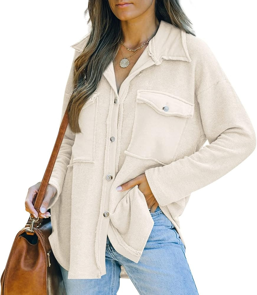Women's Casual Button Down Long Sleeve Shacket Shirts Jacket Coat with Pockets | Amazon (US)