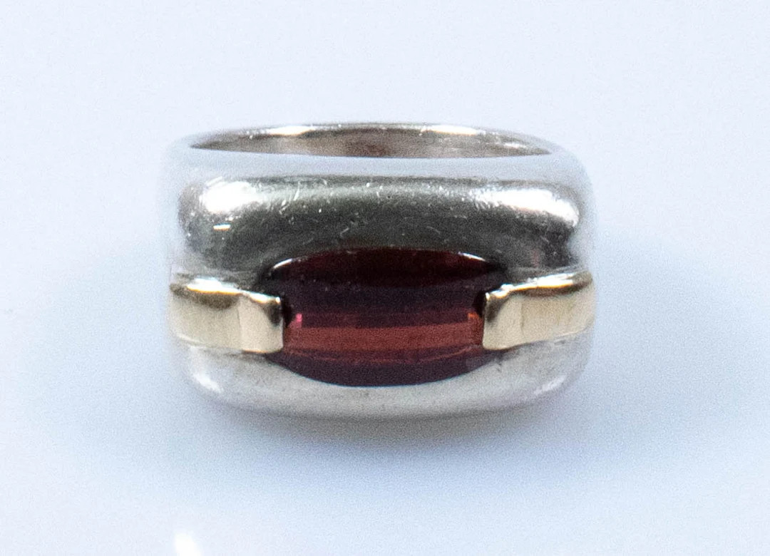 Vintage Sterling Silver Abstract Signet Ring with Red Stone and 18k Gold Accents! [Size 7 US] | Etsy (US)