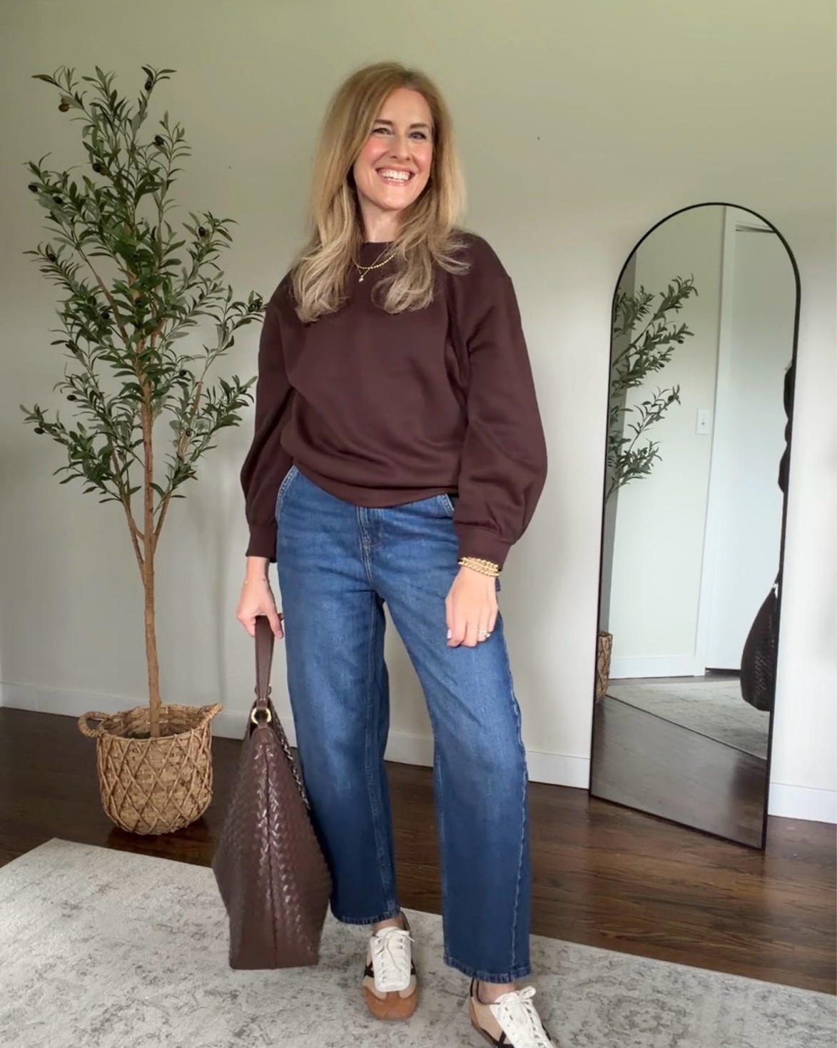 Walmart puff sleeve sweatshirt and barrel jeans fall outfit idea. I have a tshirt under the sweatshirt and sized up to medium so it’s looking kind of bulky in this photo, but it’s a great top! I also got the oatmeal color in size small. Jeans fit tts, not much stretch, I’m in a six. #walmartfashion

#LTKOver40