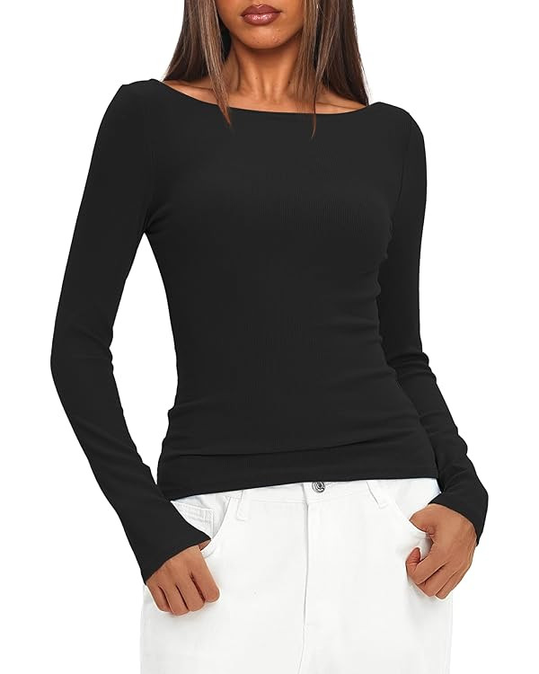 Darong Womens Long Sleeve Tops Sexy Boat Neck Backless Fitted Tee Shirts Going Out Outfit Y2K Cro... | Amazon (US)