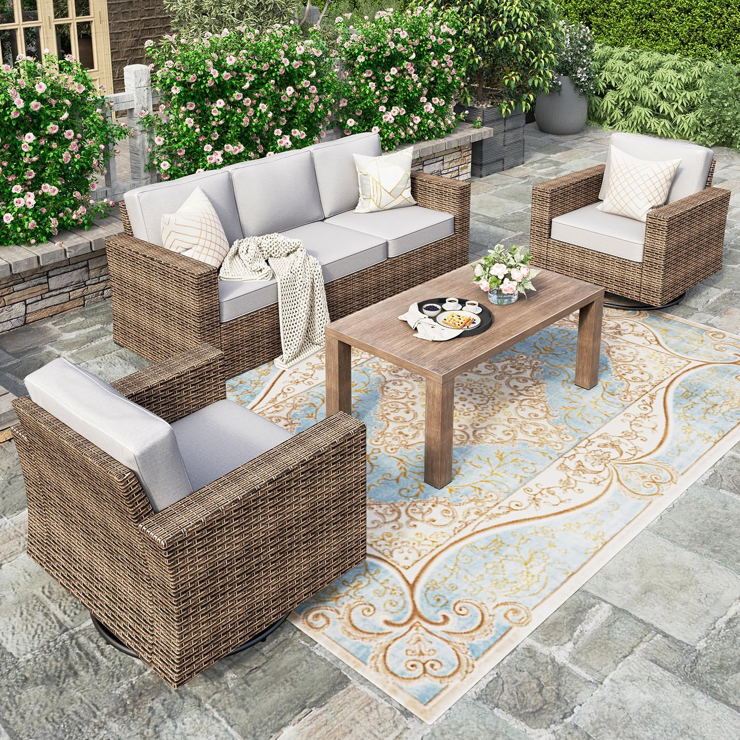 HERA'S HOUSE Patio Furniture Conversation Set, Outdoor Swivel Glide Wicker Chairs with 4.92" Wide... | Amazon (US)