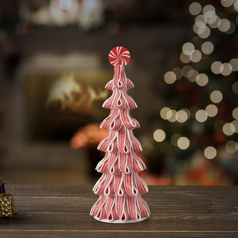 Red and White Striped Peppermint Candy Christmas Tree Tabletop Decor, 14 in, by Holiday Time | Walmart (US)