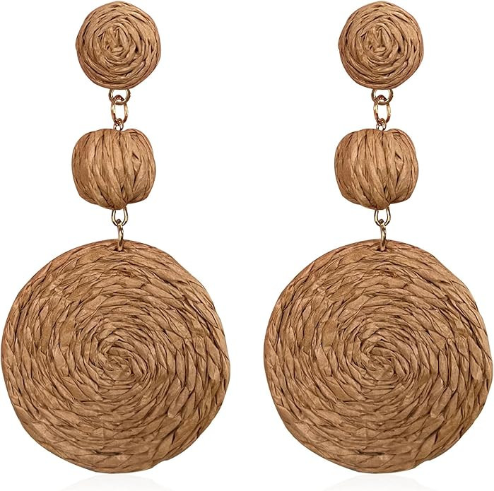 GBAHFY Raffia Round Earrings for Women Geometric Statement Boho Straw Raffia Ball Drop Earrings | Amazon (US)