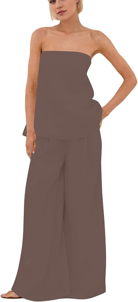 Women 2 Piece Outfits Polka Dot Summer Pants Set Strapless Tube Top High Elastic Waist Wide Leg P... | Amazon (US)