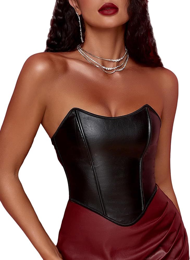 SOLY HUX Women's PU Leather Overbust Corset Bandana Tube Tops Lace up Strapless Boned Body Shaper... | Amazon (US)