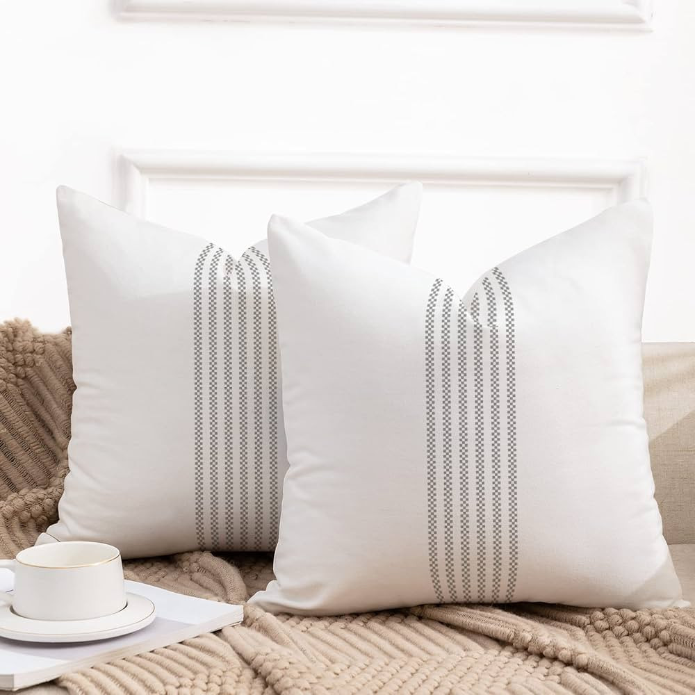YCOLL Farmhouse Pillow Covers 16x16, Boho Throw Pillow Covers Set of 2, Gray Striped Linen Decora... | Amazon (US)