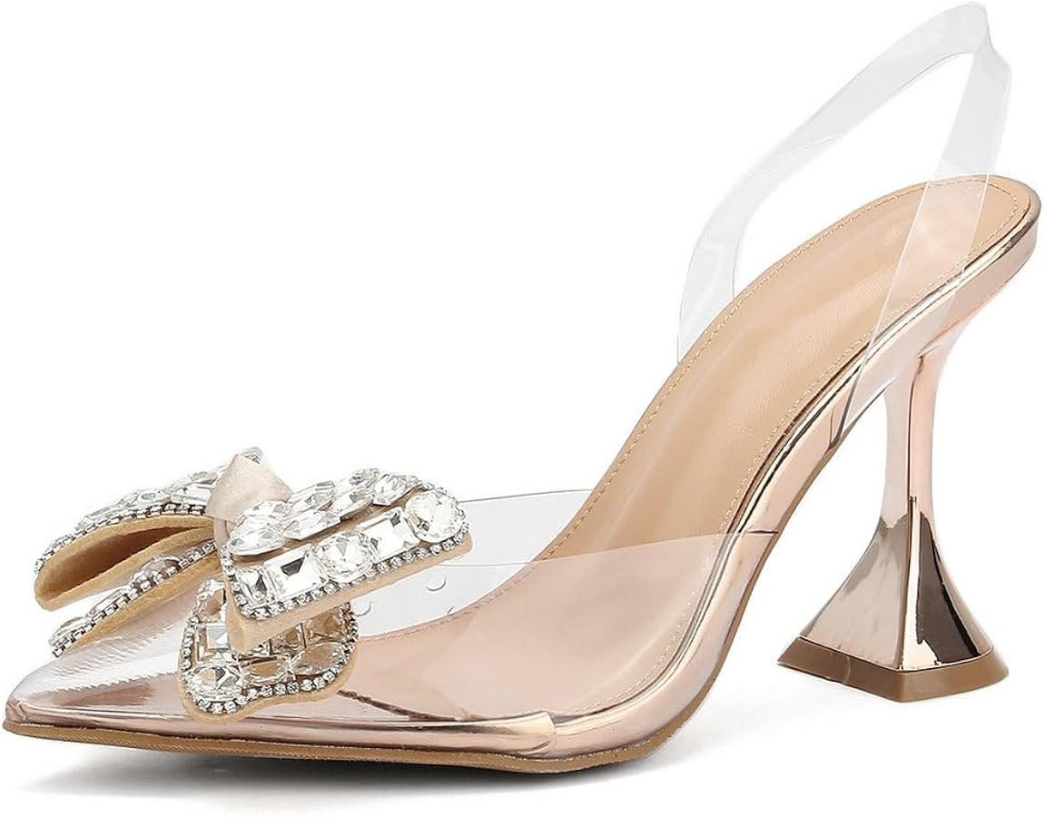 KOKOMOMO Womens Bow Rhinestone Pointed Toe Slingback Heels Clear Slingback Pumps | Amazon (US)