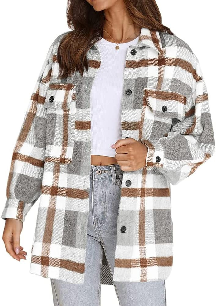 Beaully Women's Brushed Plaid Shirts Long Sleeve Flannel Lapel Button Down Pocketed Shacket Jacke... | Amazon (US)